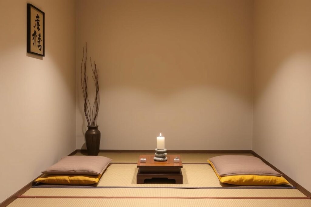 Zen meditation corner with floor cushions, small altar, and minimal décor