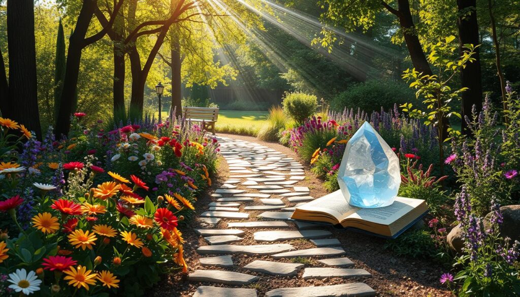 steps to creative healing: a serene garden path with vibrant flowers, sunlight filtering through the trees, leading to a peaceful meditation area with a large crystal and a floating book of wisdom. Live.Learn.Create.