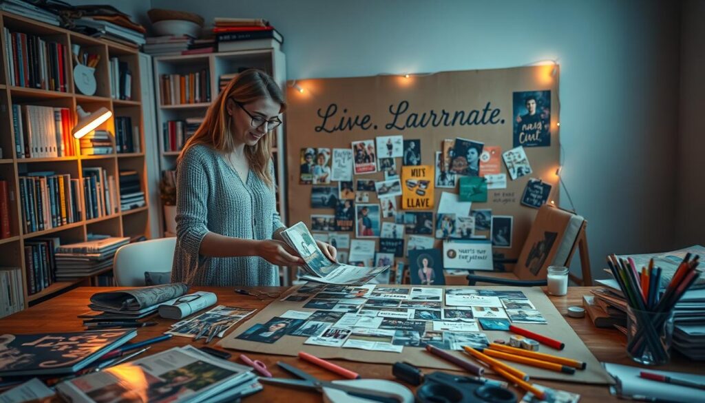 vision board creation process: A table with various magazines, scissors, glue sticks, and colored pens. In the foreground, a person carefully selecting images and words from the magazines, arranging them on a large piece of cardboard. Behind them, a soft, warm lighting illuminates the scene, creating a cozy and inspirational atmosphere. In the background, shelves filled with books and art supplies. The words &amp;amp;quot;Live.Learn.Create&amp;amp;quot; are visible on the wall, guiding the creative process.