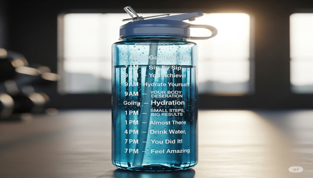 A Motivational water bottle with time markers and inspirational quotes.