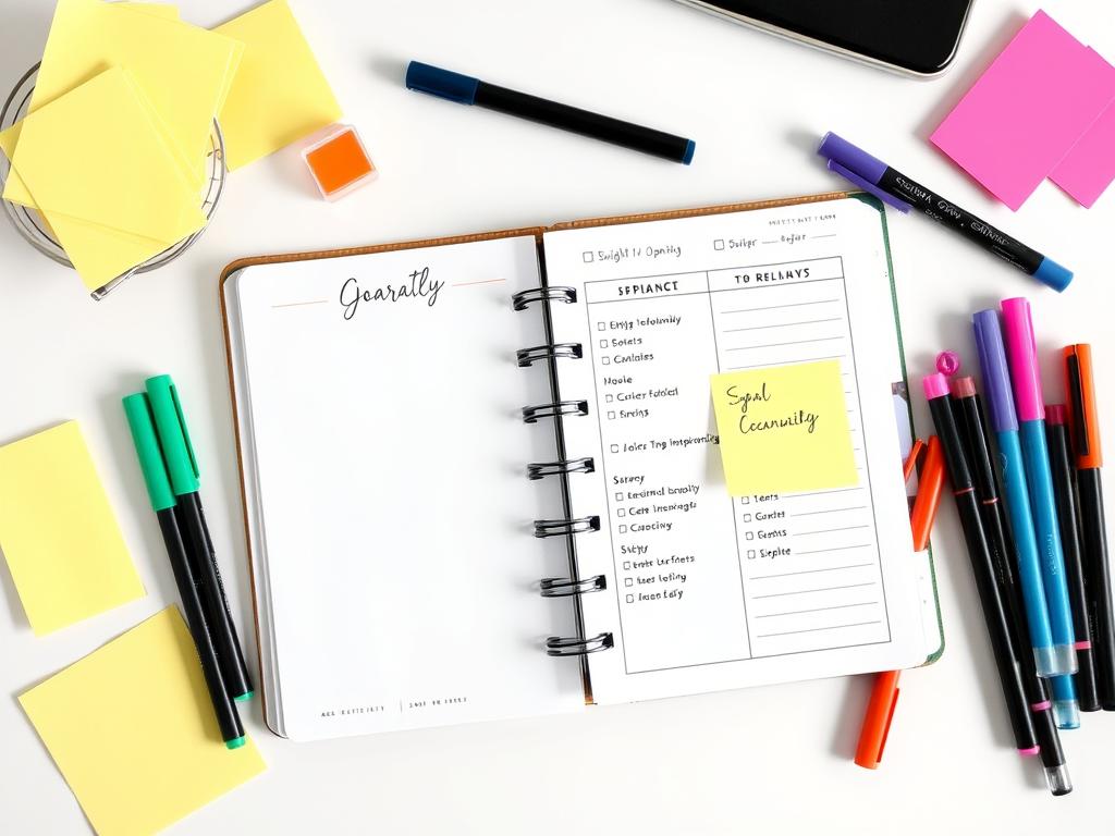 A beautiful journal and planner setup with colored pens and sticky notes for goal tracking and reflection