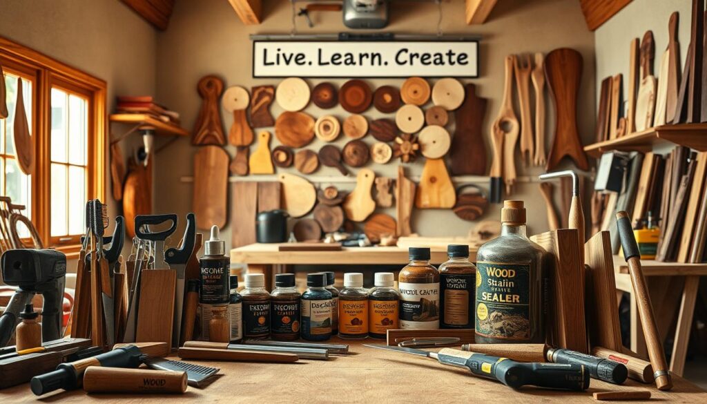 A beautifully crafted woodworking studio bathed in warm, natural lighting. In the foreground, an assortment of high-quality [Woodworking Tools](https://www.amazon.com/dp/B07XMQZXS5) are neatly arranged, ready for the final finishing touches. The middle ground showcases a variety of [Wood Stains and Sealers](https://www.amazon.com/dp/B07YBQB5FY), each bottle reflecting the intricate grain patterns of the nearby workpiece. In the background, a wall-mounted [Live.Learn.Create](https://www.amazon.com/dp/B07XMQZXS5) display showcases an array of expertly finished wooden projects, inspiring the viewer to explore the depth of woodworking mastery. The overall scene exudes a sense of craftsmanship, creativity, and the satisfaction of a job well done.