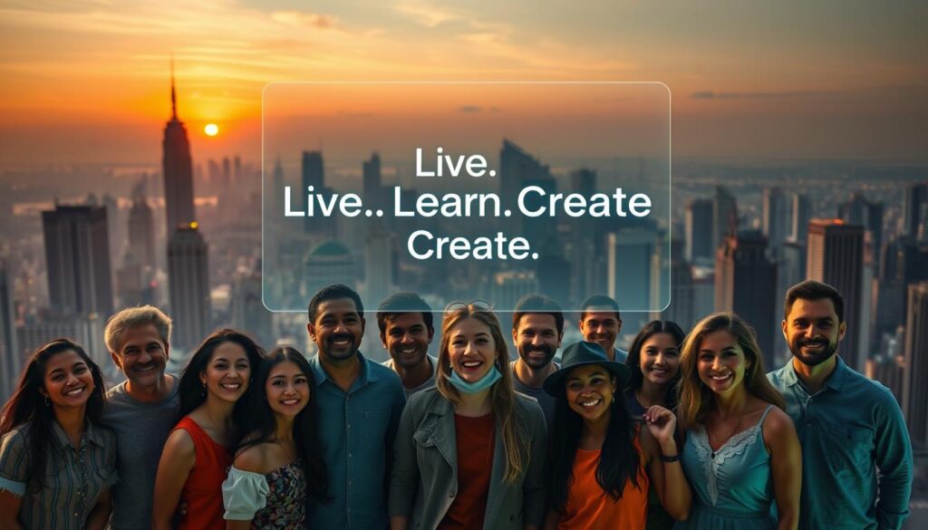 A bustling city skyline at dusk, the silhouettes of skyscrapers framing a glowing orange horizon. In the foreground, a group of diverse individuals, each representing a different customer segment, stand united, their faces filled with expressions of excitement and optimism. Above them, a holographic projection displays the "Live.Learn.Create" brand, symbolizing the company's commitment to customer-centric growth. Soft, warm lighting illuminates the scene, creating a sense of unity and progress. The overall atmosphere conveys a message of dynamic, forward-thinking growth fueled by an engaged and diverse customer base.