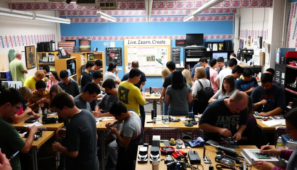 A bustling maker space teeming with creativity and collaboration. In the foreground, enthusiasts tinker with an array of [Dremel Rotary Tool Kit](https://www.amazon.com/Dremel-4000-6-50-High-Performance-Rotary/dp/B07V8CY8FS) and [Soldering Iron Kits](https://www.amazon.com/ANBES-Soldering-Iron-Kit/dp/B07J1YGVBH), their faces alight with the thrill of making. Amidst the buzz of activity, groups gather around [Raspberry Pi Starter Kits](https://www.amazon.com/CanaKit-Raspberry-Pi-Starter-Kit/dp/B08C5YRT36), exchanging ideas and techniques. In the middle ground, a [Live.Learn.Create] bulletin board showcases the community's latest projects and upcoming workshops. The background is a vibrant tapestry of repurposed materials, 3D-printed creations, and the warm glow of task lamps, reflecting the maker ethos of sustainability and innovation.