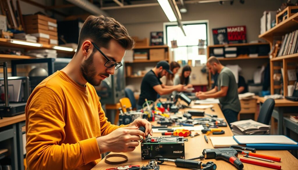 A bustling maker's workshop, filled with the tools of DIY innovation - 3D printers, laser cutters, and a workbench stocked with [Live.Learn.Create Maker Tools Set](https://www.amazon.com/gp/product/B07MXVLWC4). Warm, focused lighting illuminates the hands-on projects and prototypes taking shape. In the foreground, a tinkerer carefully assembles a custom electronic device, brow furrowed in concentration. Across the space, a team collaborates on a large-scale fabrication, exchanging ideas and techniques. The background reveals shelves of raw materials, spare parts, and inspiring maker community zines. This scene captures the challenges of Maker Culture - the need for access to specialized equipment, the iterative process of problem-solving, and the importance of shared knowledge and support.