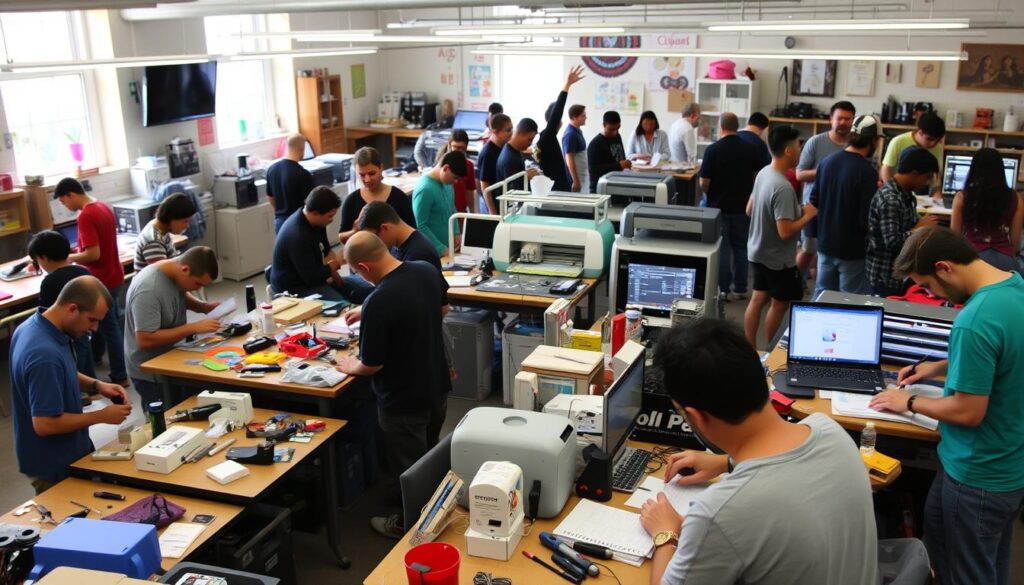 A bustling makerspace filled with the hum of activity. In the foreground, a group of makers tinker with an array of [Dremel 4300 Rotary Tool Kit](https://www.amazon.com/Dremel-4300-5-40-Rotary-Tool/dp/B00BINMNYK) and [Kobalt Laser Etcher](https://www.amazon.com/Kobalt-Laser-Etcher-Engraving-Machine/dp/B01LXCRMQE), crafting innovative projects. The middle ground bustles with [Creality Ender 3 V2 3D Printer](https://www.amazon.com/Creality-Ender-Printer-Resume-Printing/dp/B07XQJXZDW) stations, as makers breathe life into their digital designs. In the background, a lively community gathers around the [Cricut Maker 3 Cutting Machine](https://www.amazon.com/Cricut-Maker-Advanced-DIY-Machine/dp/B08HFPZ6YK), exchanging ideas and techniques under the Live.Learn.Create. banner. A vibrant, collaborative atmosphere where innovation thrives.