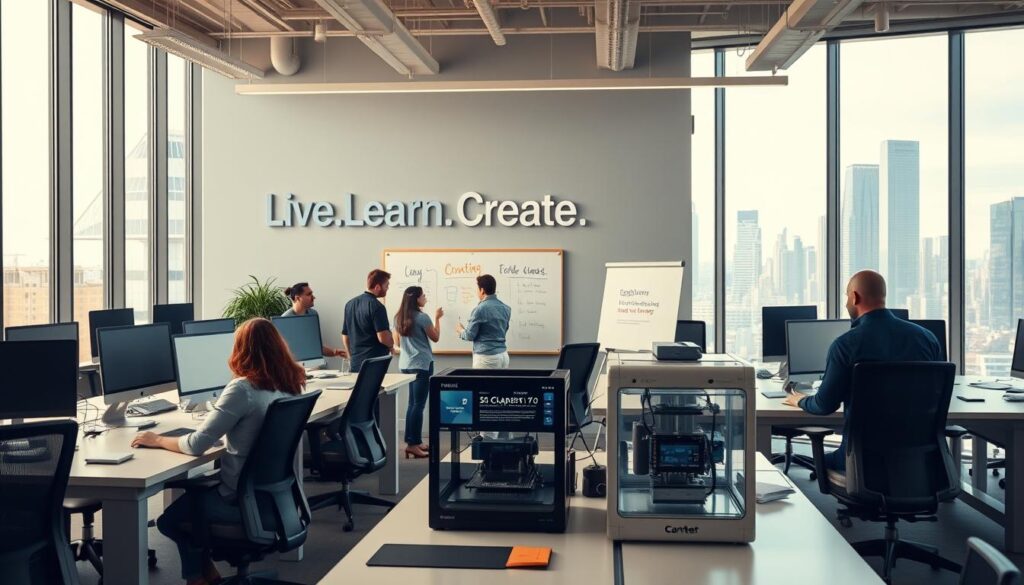 A bustling modern office with sleek desks, ergonomic chairs, and a wall of inspirational "Live.Learn.Create." displays. Diffused natural light filters through large windows, casting a warm glow on the space. In the foreground, a team of professionals collaborating around a digital whiteboard, brainstorming new ideas. The middle ground features a 3D printer rapidly assembling a prototype, while the background showcases a dynamic city skyline, symbolizing the vast potential for innovation. The overall atmosphere exudes a sense of creativity, productivity, and a drive to push the boundaries of what's possible in the business world.