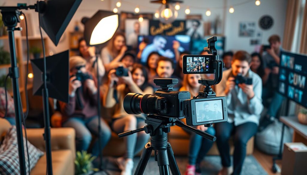 A bustling online community of aspiring vloggers, cameras in hand, capturing their lives and creative passions. In the foreground, a cozy home studio setup with professional [Live.Learn.Create Pro Lighting Kit](https://www.amazon.com/dp/B07PBXLXGZ) and a high-quality [Live.Learn.Create 4K Vlogging Camera](https://www.amazon.com/dp/B07QXQXCXR) mounted on a sturdy [Live.Learn.Create Vlogging Tripod](https://www.amazon.com/dp/B07QX6QDWX). In the middle ground, a group of enthusiastic vloggers collaborating, sharing tips, and building their audiences. In the background, a vibrant digital landscape of video editing software, social media platforms, and a sense of camaraderie and support within the vlogging community. Warm, inviting lighting and a genuine, inspirational atmosphere.