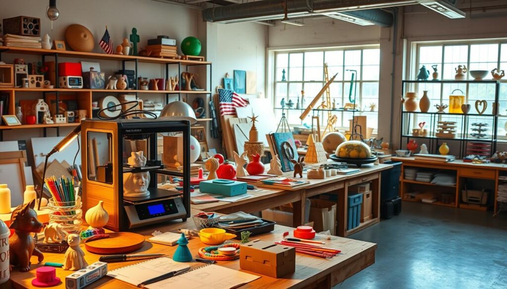 A bustling workshop filled with innovative projects in various stages of completion. In the foreground, a sleek, modern [Live.Learn.Create] 3D printer [https://amzn.to/3VxbNar] whirs to life, crafting a unique sculptural piece. The middle ground showcases an array of colorful materials, tools, and sketches scattered across a well-worn workbench, hinting at the creative process. In the background, shelves display an eclectic collection of finished works, each a testament to the boundless imagination of the artist. The scene is bathed in warm, natural light streaming through large windows, creating a sense of energy and inspiration. The overall atmosphere is one of focused determination, experimentation, and the joy of bringing innovative ideas to life.