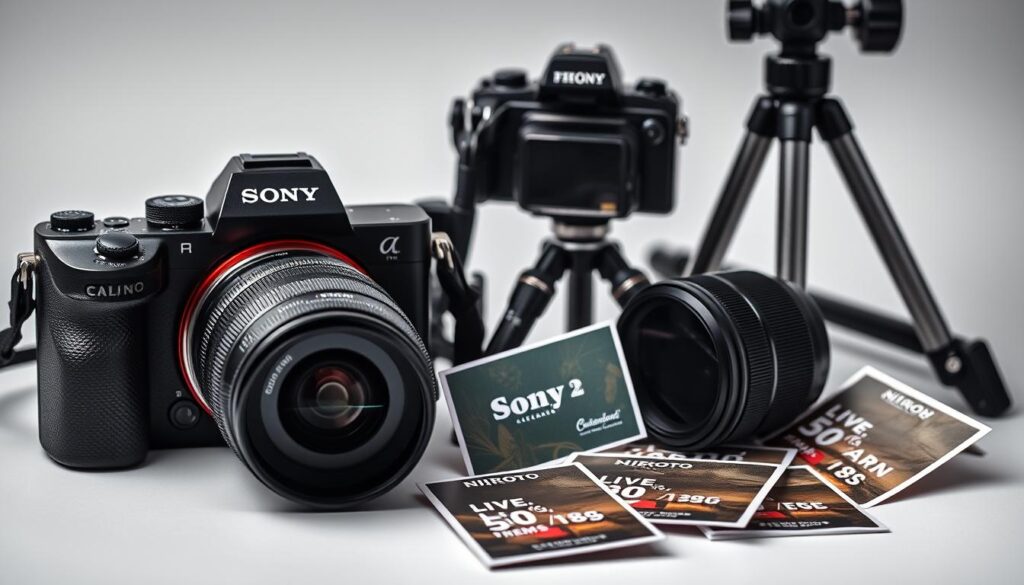 A captivating still life composition showcasing an assortment of photography tools and equipment, including a [Sony Alpha a7III camera](https://www.amazon.com/Sony-Alpha-a7III-Mirrorless-Camera/dp/B07B43WPVK), a [Manfrotto tripod](https://www.amazon.com/Manfrotto-MT055XPRO3-Aluminum-Tripod-MHXPRO-BHQ2/dp/B00G4M6BAC), a [Nikon 50mm f/1.8G lens](https://www.amazon.com/Nikon-50mm-1-8G-AF-S-Lens/dp/B004Y1AYAC), and a set of [Live.Learn.Create photography challenge cards](https://www.amazon.com/Live-Learn-Create-Photography-Challenges/dp/B08QZSJ7RT) scattered across a textured, moody backdrop. The scene is bathed in warm, directional lighting, casting dramatic shadows and highlighting the textures of the various elements. The overall atmosphere conveys a sense of creativity, inspiration, and the joy of photography.