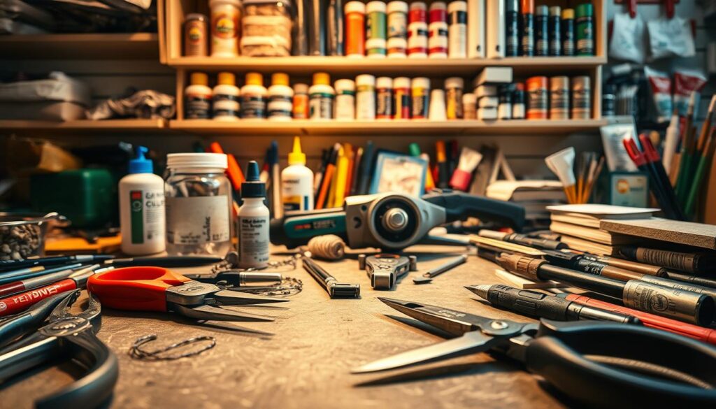 A cluttered workbench covered in an array of DIY crafting tools, illuminated by warm, directional lighting. In the foreground, a set of [Live.Learn.Create] quality pliers, scissors, and a retractable utility knife (https://amzn.to/3SYQEPf) glisten under the light. In the middle ground, a [Live.Learn.Create] rotary tool with various attachments (https://amzn.to/3XNLHOM) sits alongside a jar of wood glue, a roll of twine, and a stack of sandpaper. In the background, shelves display an assortment of paints, markers, and other essential supplies for the avid DIY enthusiast. The scene conveys a sense of creativity, experimentation, and a well-equipped crafting workspace.