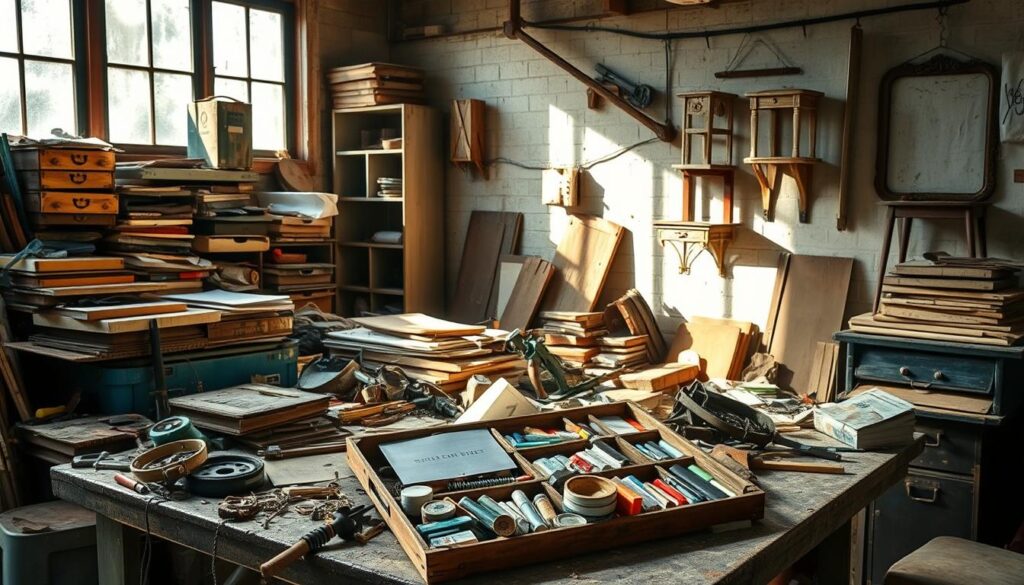 A cluttered workbench strewn with repurposed materials - abandoned furniture, tarnished tools, and piles of salvaged scrap. Sunlight streams through dusty windows, casting a warm glow over the scene. In the foreground, a [Live.Learn.Create] DIY upcycling kit https://www.amazon.com/dp/B08GQTZMRF lies open, revealing an array of painting supplies and hardware. Hanging on the wall, inspirational upcycling projects - a shelving unit made from old crates, a side table from a curbside find. This image captures the challenges and creativity of the upcycling process, where resourcefulness and innovation transform the discarded into the extraordinary.
