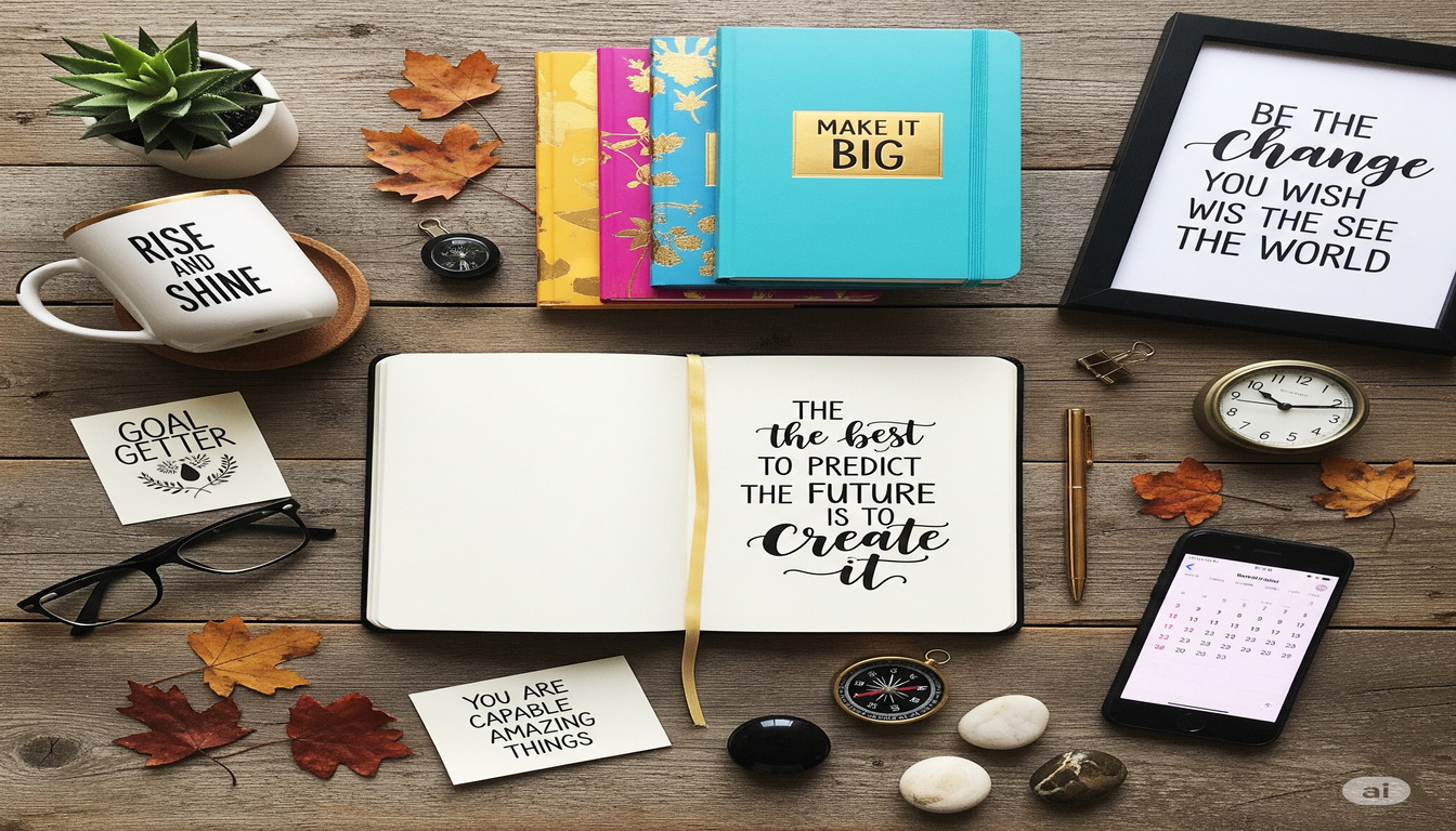 A collection of inspirational items including journals, mugs, and wall art arranged on a desk with inspirational quotes.