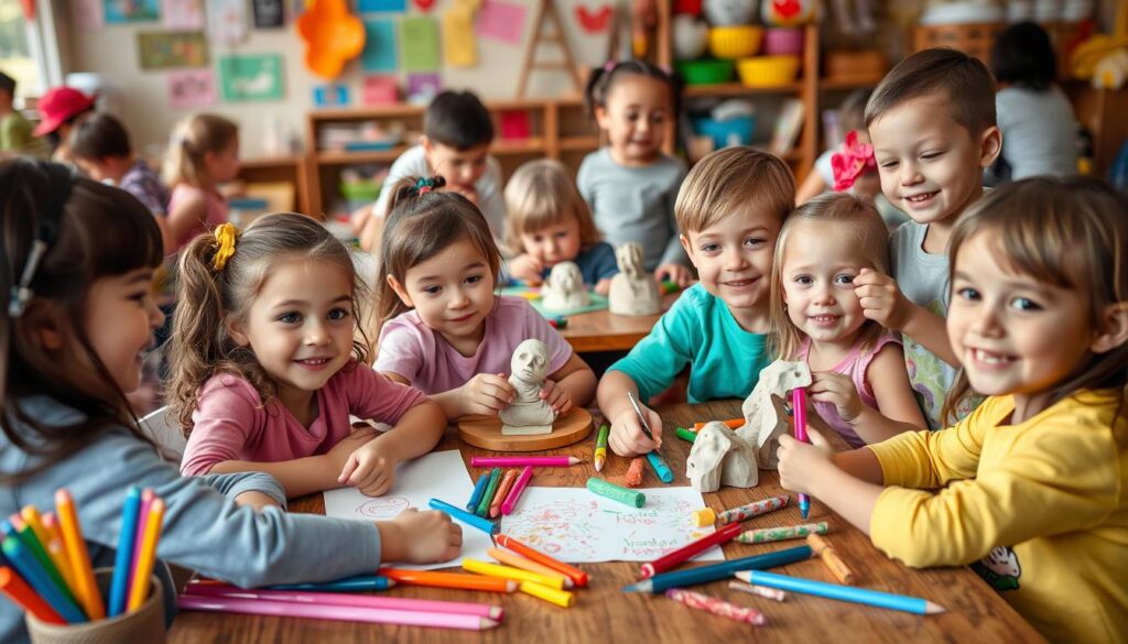 A colorful and cheerful scene of children engaged in various arts and crafts activities. In the foreground, a group of young kids sit around a large wooden [table](https://www.amazon.com/dp/B07FKPTV8M), their hands busy with [craft supplies](https://www.amazon.com/dp/B07QMBB4VR) like [colored pencils](https://www.amazon.com/dp/B07QFTC6Q1), [markers](https://www.amazon.com/dp/B07QFTR7HF), and [scissors](https://www.amazon.com/dp/B00004Z2WW). In the middle ground, the kids work intently on [paper crafts](https://www.amazon.com/dp/B07G4JGFV1) and [clay sculptures](https://www.amazon.com/dp/B07YBKJGPL), their faces lit by natural light streaming in from large windows. In the background, a wall displays the vibrant, [child-made artwork](https://www.amazon.com/dp/B07YBJQG5P) of the "Live.Learn.Create" studio, creating a warm, inviting atmosphere.