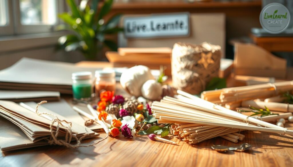 A colorful array of eco-friendly craft materials laid out on a wooden table, bathed in warm, natural light. Recycled cardboard, organic cotton twine, soy-based paints, and bamboo skewers in the foreground, complemented by a selection of dried flowers, leaves, and twigs in the middle ground. In the background, a Live.Learn.Create logo visible, hinting at the sustainable DIY practices showcased. The image exudes a sense of earthy, handcrafted charm, reflecting the ethos of the "Sustainable DIY Practices" section. Amazon product links: Recycled Cardboard: https://www.amazon.com/Recycled-Cardboard-Sheets-Crafting-Projects/dp/B07ZRRQC35 Organic Cotton Twine: https://www.amazon.com/Organic-Cotton-Twine-Ball-Decorative/dp/B07BQTXQHV Soy-Based Paints: https://www.amazon.com/Soy-Based-Non-Toxic-Acrylic-Paint-Set/dp/B07XMWW1NY Bamboo Skewers: https://www.amazon.com/Bamboo-Skewers-Barbecue-Cocktail-Crafts/dp/B07DKTLH7R