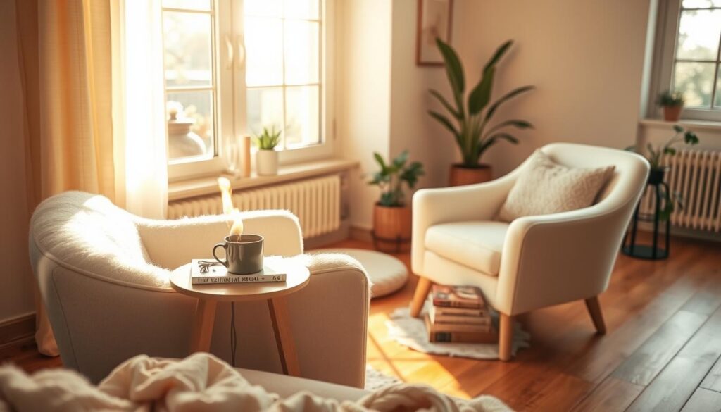 A cozy Sunday morning filled with self-care rituals. In the foreground, a plush white armchair is positioned near a large window, bathed in warm, golden natural light. On a small side table, a mug of steaming herbal tea, a scented candle, and a stack of inspirational books await. In the middle ground, a meditation cushion sits on the hardwood floor, surrounded by soft, natural fibers and textures. In the background, a minimalist, sun-drenched room with neutral tones and plants, exuding a serene, calming atmosphere. The overall scene conveys a sense of tranquility and mindfulness, perfect for a &amp;quot;Live.Learn.Create&amp;quot; self-care Sunday routine.