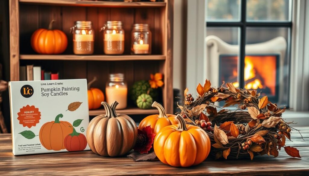 A cozy autumn scene, showcasing an array of handmade fall crafts. In the foreground, a rustic wooden table displays an assortment of pumpkin-themed decorations, including a [Live.Learn.Create.] pumpkin painting kit (https://www.amazon.com/Live-Learn-Create-Pumpkin-Painting/dp/B08LVVHGX3) and a wreath made from dried leaves and berries. Behind, a bookshelf holds mason jars filled with [Live.Learn.Create.] scented soy candles (https://www.amazon.com/Live-Learn-Create-Soy-Candles/dp/B08LVWJFR8), their flickering flames casting a warm glow. In the background, a window overlooks a scenic autumn landscape, with vibrant foliage and a cozy fireplace visible. Overall, the scene evokes a sense of seasonal charm and homemade craftsmanship.