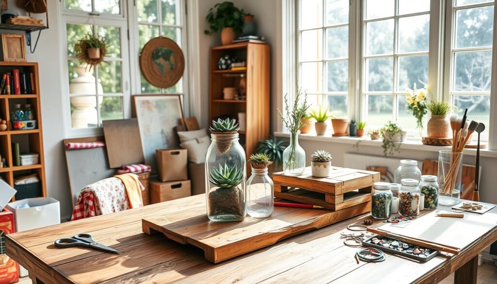 A cozy corner in a bright, airy studio, sunlight streaming through large windows. On a rustic wooden table, an array of upcycled items - a [Live.Learn.Create] DIY terrarium with succulents [Amazon link], a vase made from a repurposed glass jar [Amazon link], and a decorative box crafted from a reclaimed pallet [Amazon link]. Surrounding these are various tools and materials - scissors, paint brushes, colorful fabrics, and jars of buttons and beads. The atmosphere is one of creativity and calm, inspiring the viewer to embrace the joy of sustainable, handmade home decor.