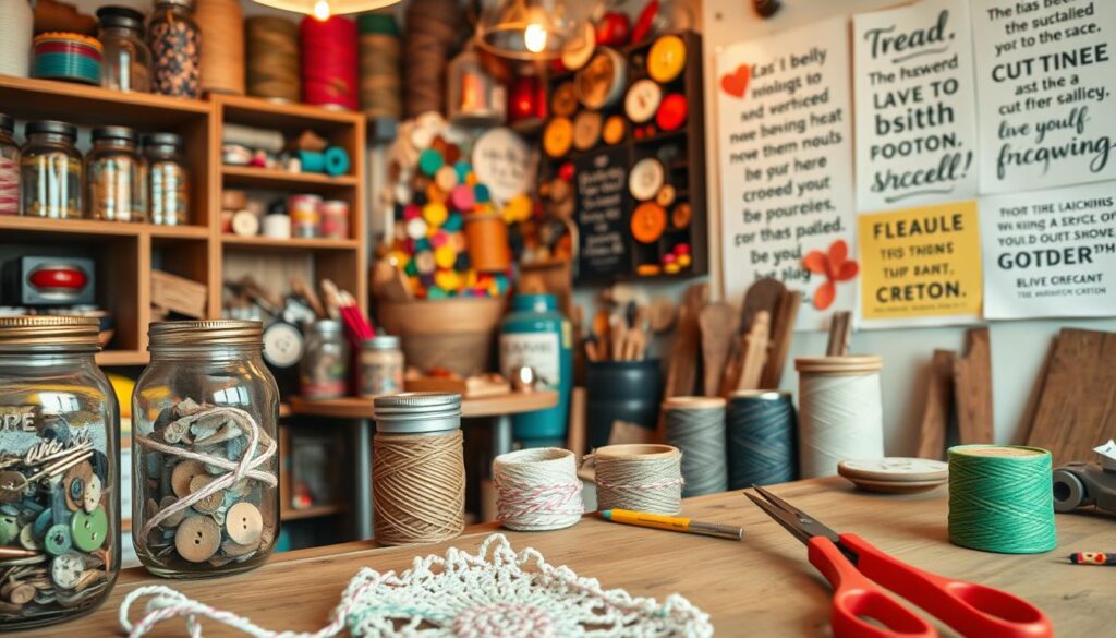 A cozy craft studio with warm lighting and an array of upcycled materials - repurposed jars, fabric scraps, and colorful twine spools. In the foreground, a creative DIY project takes shape, with a [Live.Learn.Create] crochet hook, [Live.Learn.Create] embroidery scissors, and a set of [Live.Learn.Create] needle-nose pliers. Midground, a collection of colorful vintage buttons, tin cans, and discarded wood pieces await transformation. The background features a cheerful gallery wall showcasing past upcycling projects and inspirational quotes about sustainable living. An atmosphere of eco-friendly creativity and hands-on crafting pervades the scene.