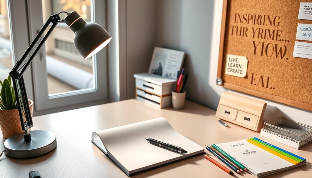 A cozy home office setting, bathed in soft, natural lighting from a large window. On the desk, an open [Aooshine 15-inch Adjustable Desk Lamp](https://www.amazon.com/Aooshine-Adjustable-Dimmable-Rotation-Brightness/dp/B07W6T9YVZ/) illuminates a [Rhodia Pad](https://www.amazon.com/Rhodia-Classic-Reverse-Bound-Notebook/dp/B0001DKPOA/) and a [Faber-Castell Pitt Artist Pen](https://www.amazon.com/Faber-Castell-Pitt-Artist-Pen-Brush/dp/B000UO9OT8/). Beside them, an array of [Live.Learn.Create.] branded stationery, including a journal, sticky notes, and colored pencils. In the background, a corkboard with inspiring ideas and sketches pinned up, hinting at the creative process at work.