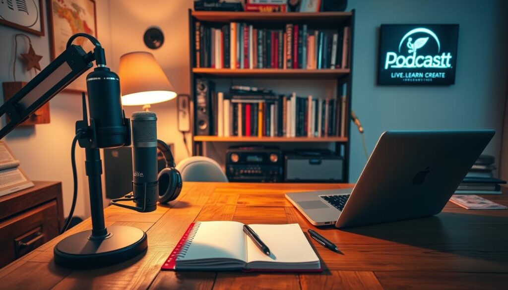 A cozy home recording studio with a microphone, headphones, and a laptop on a rustic wooden desk. Warm, soft lighting from a desk lamp and wall sconce creates a comfortable, inviting atmosphere. In the background, a wall-mounted bookshelf displays an array of audio equipment, books, and the "Live.Learn.Create" brand logo. On the desk, a notebook and pen are ready for jotting down podcast ideas and goals. The overall scene conveys a sense of focus, creativity, and a passion for podcasting.