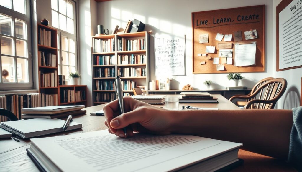 A cozy study with natural light streaming through large windows, a wooden desk covered in notebooks, pens, and a [Live.Learn.Create](https://www.amazon.com/Live-Learn-Create-Notebook-College/dp/B08J31DRRC) journal. In the foreground, a writer's hand gracefully pens words on the page, capturing the essence of creativity exploration. The background features shelves filled with books, a wall of inspirational quotes, and a cork board displaying sketches and ideas. Soft, muted colors create a contemplative atmosphere, inviting the viewer to immerse themselves in the process of writing and idea generation.