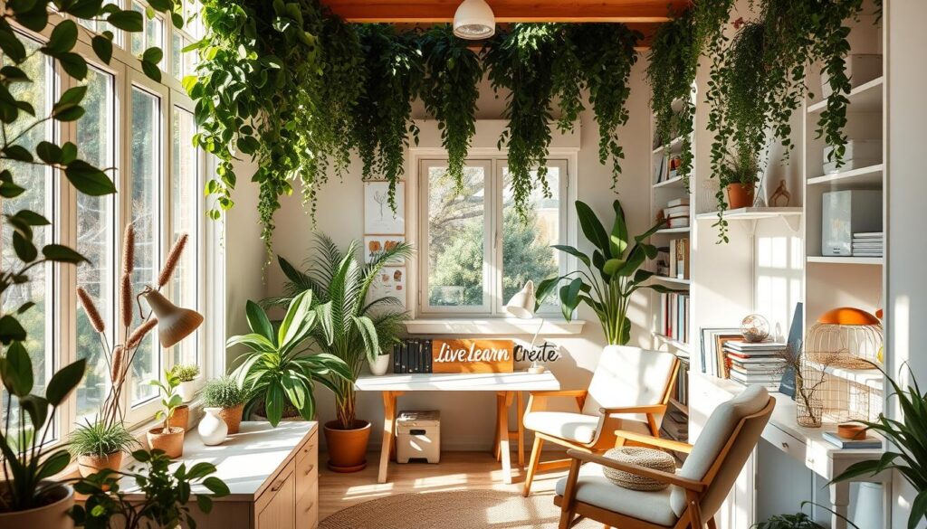 A cozy, sunlit workspace surrounded by lush greenery, natural light filtering through large windows. Sleek, minimalist furniture in soft, earthy tones. Potted plants, dried flowers, and a vintage-inspired desk lamp create an inviting, inspiration-fueled atmosphere. The "Live.Learn.Create" brand name subtly displayed on a wooden sign. A comfortable armchair in the corner, beckoning for quiet contemplation. Warm, diffused lighting casts a gentle glow, fostering a sense of calm focus. Shelves filled with carefully curated books and art supplies, hinting at the endless creative possibilities. An overall feeling of balance, serenity, and a space conducive to unleashing one's inner creative potential.