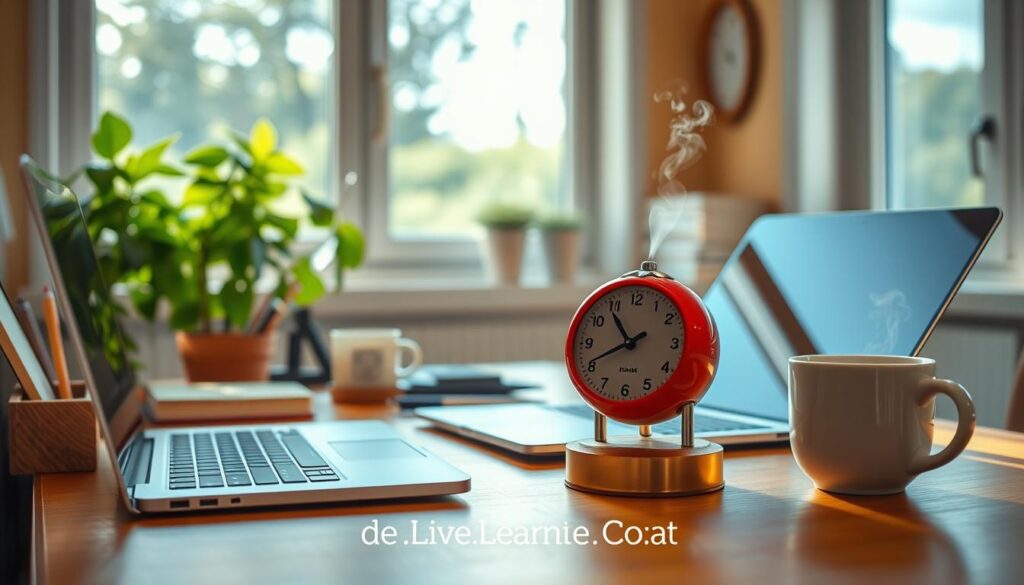 A cozy, well-lit home office with a desk, laptop, and a tomato-shaped kitchen timer prominently displayed. The Pomodoro method timer is the focal point, surrounded by neatly organized stationery, a houseplant, and a steaming mug of coffee. The room has a warm, productive atmosphere, with natural light streaming in through a large window. The "Live.Learn.Create" logo is tastefully incorporated into the scene. This image showcases the Pomodoro time management technique in a practical, visually engaging way.