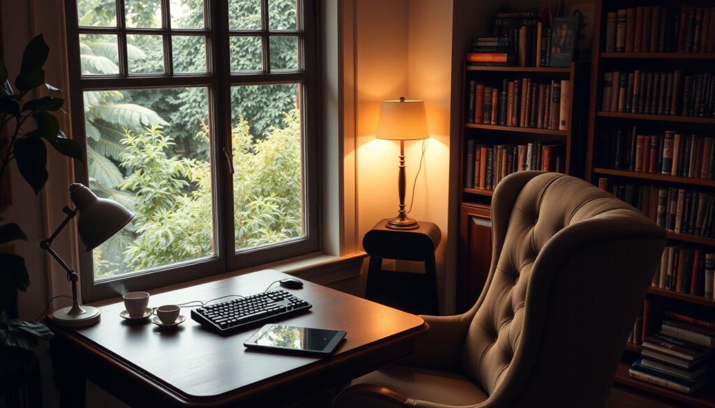 A cozy, well-lit writing nook with an antique wooden desk, a plush, high-backed chair, and a large window overlooking a lush, verdant garden. On the desk, a [Live.Learn.Create brand mechanical keyboard](https://www.amazon.com/dp/B08RHBJ3K7), a [Live.Learn.Create brand digital tablet](https://www.amazon.com/dp/B07HHXJ4FX), and a cup of steaming tea. Soft, warm lighting from a [Live.Learn.Create brand desk lamp](https://www.amazon.com/dp/B07LCDTPCB) casts a cozy glow, while a bookshelf on the adjacent wall holds a collection of well-worn writing and creativity-themed volumes. The overall atmosphere is one of calm, focused inspiration, perfect for a dedicated writing routine.