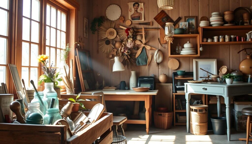 A cozy workshop filled with repurposed treasures, sunlight streams through the windows, casting a warm glow on an array of upcycled projects. In the foreground, a [Live.Learn.Create] wooden crate [https://www.amazon.com/dp/B07XGTLWFK] holds an eclectic collection of vintage trinkets and found objects, waiting to be transformed. In the middle ground, a [Live.Learn.Create] DIY desk [https://www.amazon.com/dp/B07XGT7TCN] showcases a lamp fashioned from a Mason jar, while a collage of artfully arranged dried flowers and leaves adorns the wall. In the background, a [Live.Learn.Create] salvaged bookshelf [https://www.amazon.com/dp/B07XGRD2DS] displays an array of repurposed items, from a mid-century side table to a hanging plant holder made from a recycled jar. The overall atmosphere evokes a sense of creativity, sustainability, and the joy of transforming the old into the new.