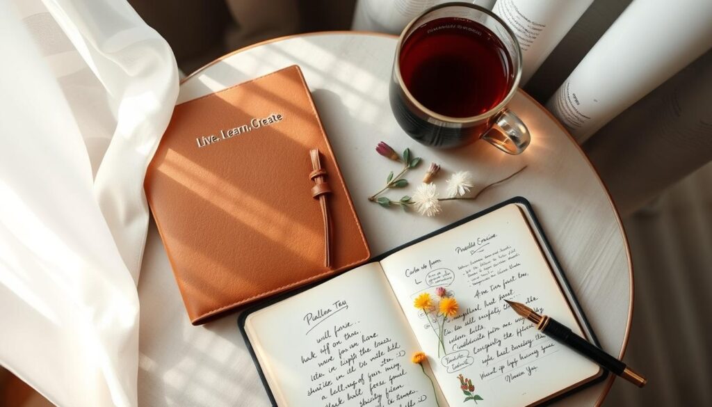 A cozy workspace with a Live.Learn.Create leather-bound journal, an elegant fountain pen, and a cup of freshly brewed tea. The journal's pages are filled with handwritten notes, sketches, and pressed flowers, reflecting the owner's curious and creative nature. Soft, natural lighting filters through sheer curtains, casting a warm glow on the scene. The arrangement is captured from an overhead angle, emphasizing the thoughtful, meditative atmosphere of the "Practical Exercises to Cultivate Curiosity".