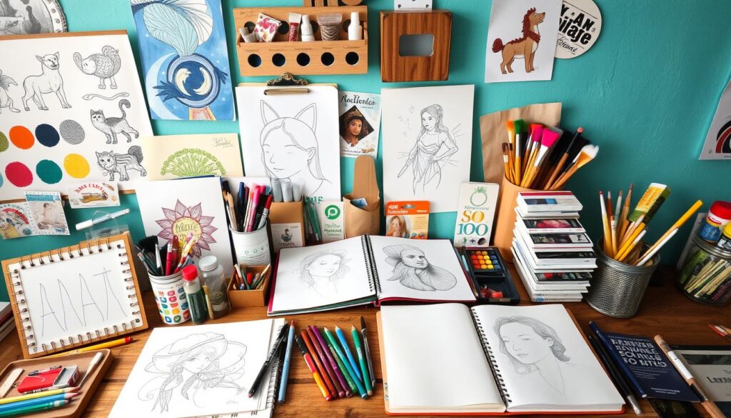 A creative workspace with art supplies, sketchbooks, and inspirational elements showing various forms of creative expression