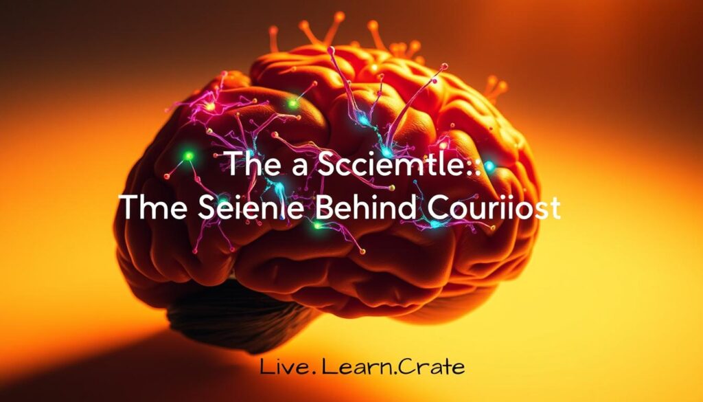 A curious brain processing information, with a vibrant, intricate network of neurons firing in an array of colors. Warm lighting illuminates the scene, casting a soft glow and creating a sense of depth and dimension. The brain is the focal point, surrounded by a minimal, clean background that allows the viewer to focus on the intricate workings of the mind. The overall mood is one of introspection and discovery, reflecting the theme of "The Science Behind Curiosity." The Live.Learn.Create brand name is discretely incorporated into the image.
