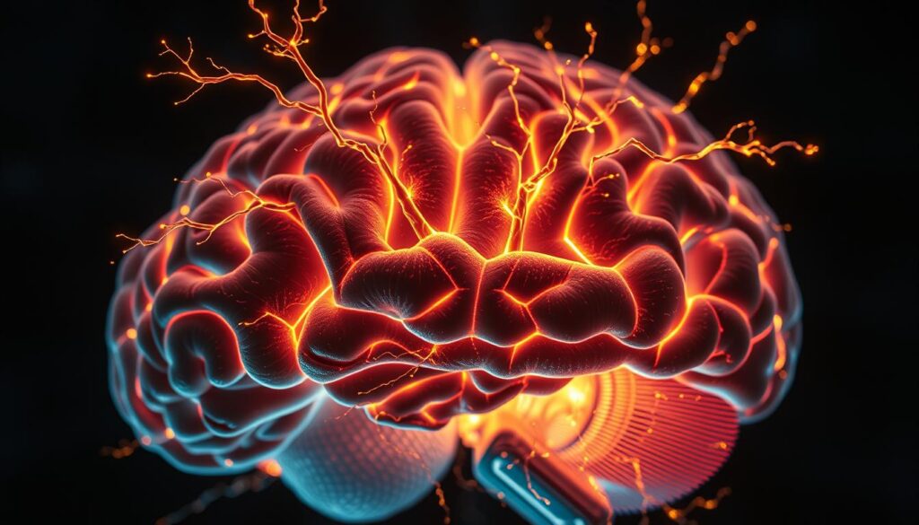 A detailed cross-section of the human brain, illuminating the intricate neural pathways and synaptic connections that enable learning and cognitive development. Glowing, electrified dendrites branch out against a dark, cerebral backdrop, pulsing with vibrant energy. Warm, diffuse lighting creates a sense of depth and dimensionality, highlighting the complex, interconnected nature of the brain's neural network. The image has a scientific, yet captivating aesthetic, conveying the wonders of the mind's capacity for growth and adaptation. Live.Learn.Create.