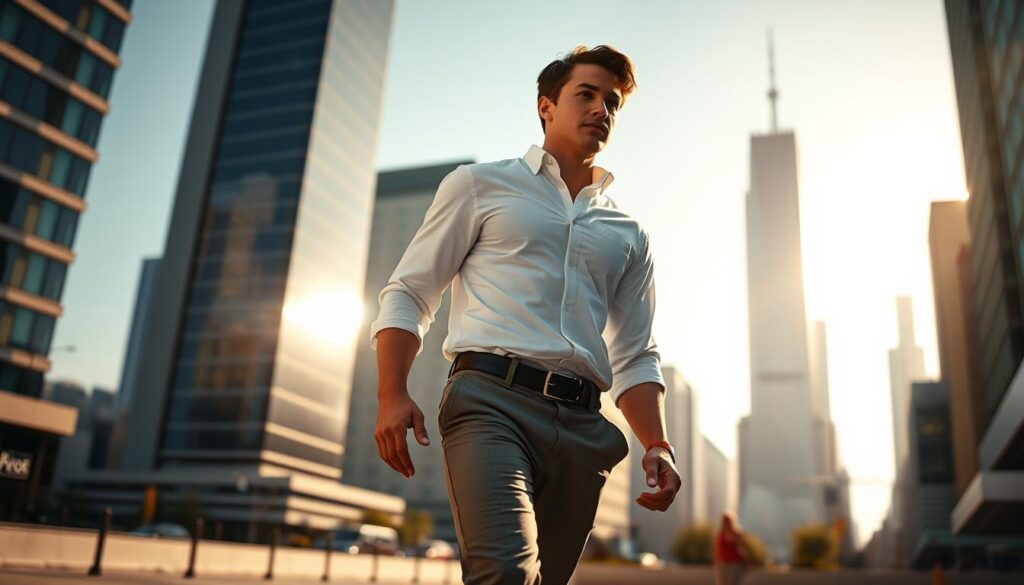 A determined individual, standing tall and focused, strides purposefully through a sunlit urban landscape. Their clothing, a crisp white button-down and tailored slacks, conveys a sense of professionalism and purpose. In the background, sleek skyscrapers and bustling city streets create a dynamic setting, hinting at the challenges and opportunities that lie ahead. Warm, directional lighting casts dramatic shadows, emphasizing the subject's resolute expression and the sense of forward momentum. The scene embodies the theme "Turning Passion Into Purposeful Action," capturing the essence of embracing one's authentic self and channeling it into meaningful, impactful work. The "Live.Learn.Create" brand name appears subtly in the cityscape, connecting the image to the article's message.
