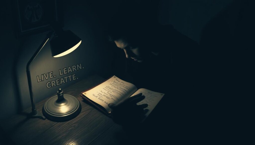 A dimly lit, gloomy room with heavy shadows cast across the floor and walls. In the center, a single desk lamp casts a warm, focused glow on a weathered journal, its pages opened to reveal scribbled notes and sketches. The journal's owner, a figure shrouded in mystery, leans in, their face obscured by the shadows, their expression one of deep contemplation and introspection. The atmosphere is charged with a sense of unease, as if the pursuit of knowledge has led this individual down a path fraught with uncertainty and the unknown. "Live.Learn.Create" is visible on the journal's cover, a reminder that even the darkest corners of curiosity can hold the potential for personal growth.