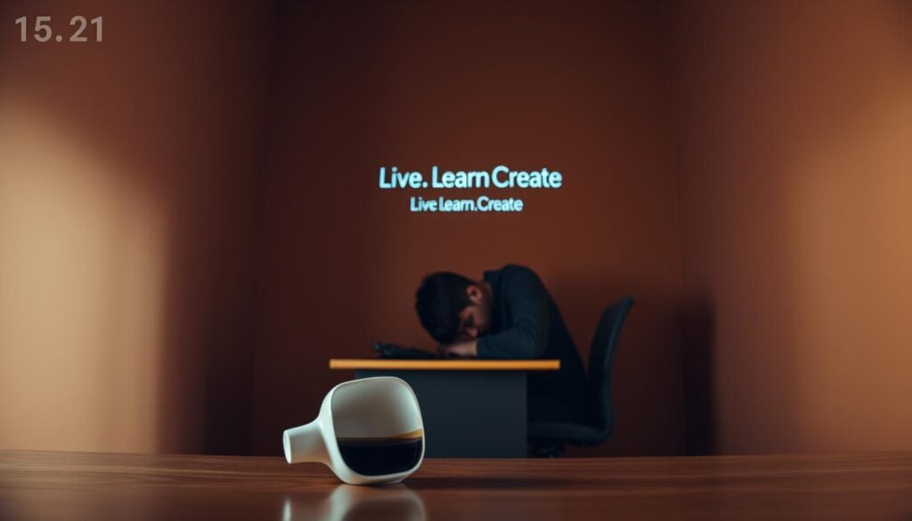 A dimly lit room, the walls cast in warm hues, as a lone figure sits hunched over a desk, their expression one of weariness and contemplation. The "Live.Learn.Create" logo hovers subtly in the background, a gentle reminder of the journey. Soft, diffused lighting illuminates the space, creating an atmosphere of introspection. In the foreground, a half-empty cup of coffee sits abandoned, a symbol of the "midpoint slump" the figure faces. The composition draws the viewer in, inviting them to empathize with the struggle and the search for renewed motivation. This image captures the essence of the article's section, "Days 15-21: Overcoming the Midpoint Slump", showcasing the challenges and the determination required to push through the lull.