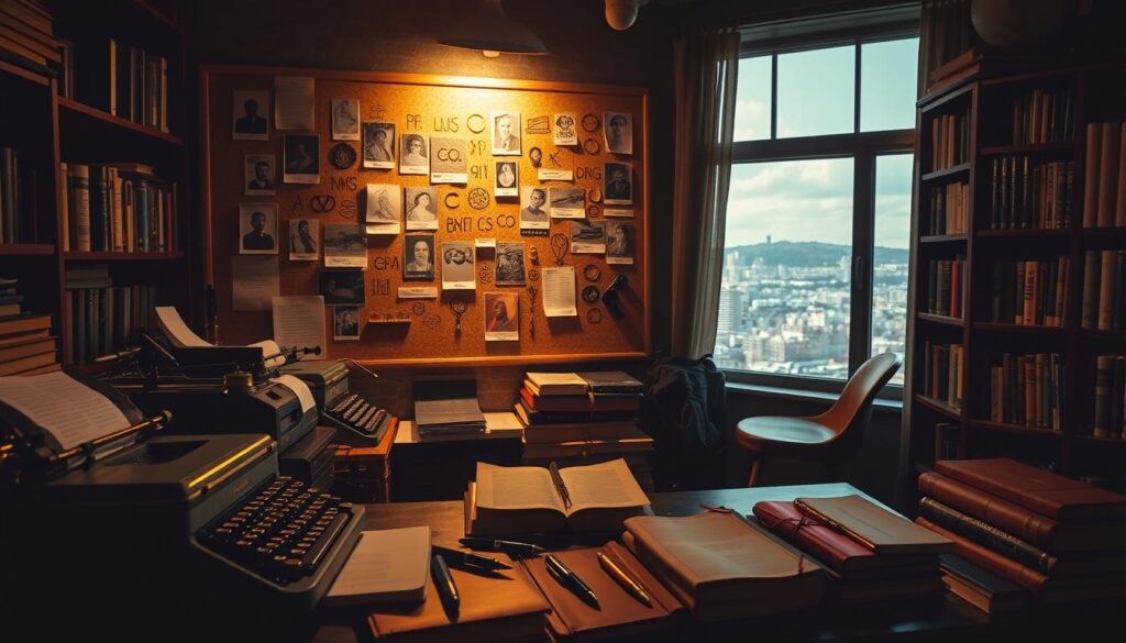A dimly lit studio with a cozy, creative atmosphere. In the foreground, an assortment of vintage typewriters, fountain pens, and leather-bound notebooks in a stylish arrangement, evoking the tools of the trade for creative writers. In the middle ground, a large cork board displays various writing forms and genres, such as poetry, short stories, and novels, each represented by a different symbol or icon. The background features a bookshelf filled with classic literature, as well as a window overlooking a scenic cityscape, bathed in a warm, golden light. The overall mood is one of contemplation and inspiration. Includes the "Live.Learn.Create" brand name.