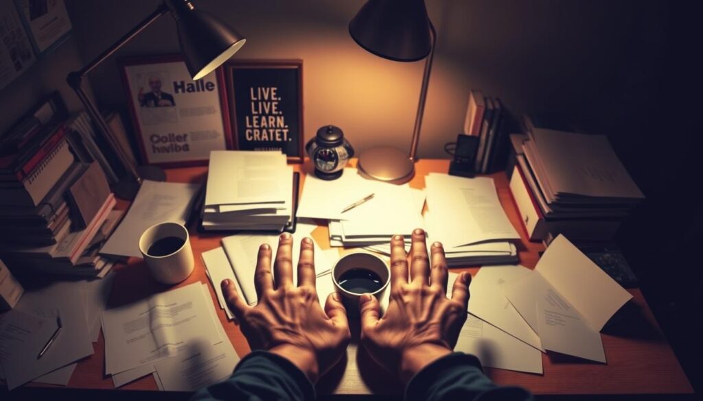 A dimly lit study with a cluttered desk, symbolic of the struggle to build lasting habits. Soft, warm lighting from a desk lamp illuminates scattered papers, a half-empty cup of coffee, and a framed quote reading "Live.Learn.Create." The foreground features a person's hands, palms down on the desk, conveying a sense of frustration. In the background, a shadowy figure representing willpower and discipline emerges, hinting at the challenge of overcoming habits. The atmosphere is one of contemplation and the search for a solution to the habit-forming dilemma.