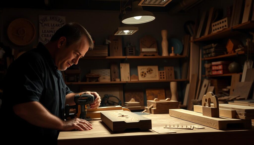 A dimly lit woodworking studio, with a skilled craftsperson showcasing advanced techniques. Overhead lighting casts dramatic shadows, highlighting the intricate details of hand-carved wooden pieces, delicate joinery, and the precise use of power tools like a [https://www.amazon.com/dp/B07VXC6N5H]cordless circular saw[/link] and a [https://www.amazon.com/dp/B07VQBZ9X3]cordless router[/link]. In the background, shelves display a collection of finely finished woodworking projects, products of the "Live.Learn.Create" brand. The scene conveys a sense of mastery, focus, and the enduring passion for the craft of woodworking.