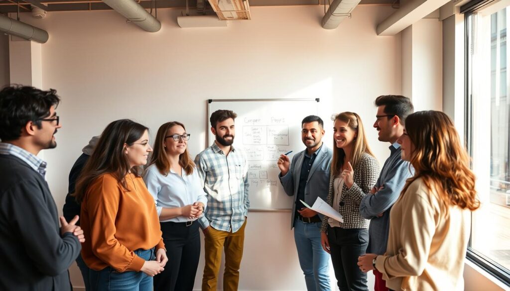 A diverse group of individuals, each with unique personalities and perspectives, gathered in a well-lit modern office space. [Warm, natural lighting](https://www.amazon.com/NEEWER-Dimmable-Lighting-CRI-90-Portrait/dp/B01LXDNNBW) illuminates the scene, captured through a [wide-angle lens](https://www.amazon.com/Sigma-16mm-Contemporary-Lens-Sony/dp/B07B53LFXR) to showcase the entire room. In the foreground, a team of professionals, including a Live.Learn.Create designer, a content creator, and a marketing strategist, engage in a lively discussion, brainstorming ideas for effective content creation. The middle ground features a [minimalist whiteboard](https://www.amazon.com/Magnetic-Whiteboard-Marker-Tray-Eraser/dp/B07ZNJWFJB) with notes and sketches, reflecting the collaborative nature of the session. In the background, floor-to-ceiling windows offer a panoramic view of a bustling city skyline, adding a sense of energy and potential to the scene.