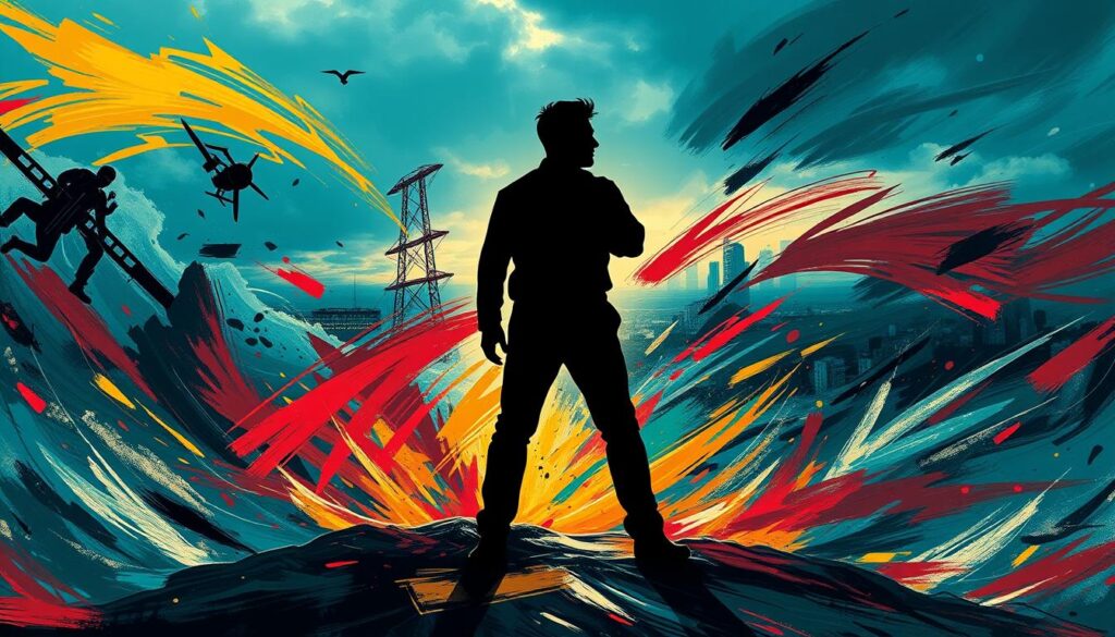 A dynamic and adaptable leader, standing amidst a swirling storm of change, their gaze focused and unwavering. In the foreground, bold brushstrokes capture the leader's strong silhouette, their stance exuding confidence and poise. The middle ground is a maelstrom of vibrant colors and abstract shapes, representing the challenges and complexities of modern leadership. In the background, a cityscape fades into the distance, hinting at the ever-evolving landscape the leader navigates. Dramatic lighting casts dramatic shadows, adding depth and intensity to the scene. Captured with a wide-angle lens, the composition emphasizes the leader's ability to adapt and thrive in the face of adversity. The overall mood is one of resilience, innovation, and the "Live.Learn.Create" mindset.