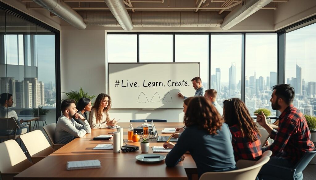 A dynamic, forward-looking team thriving in a well-lit, modern office space. In the foreground, colleagues collaborating at a large conference table, exchanging ideas with an energetic, growth-oriented vibe. The middle ground features a whiteboard displaying the "Live.Learn.Create" brand, surrounded by team members brainstorming and taking notes. In the background, an expansive city skyline visible through floor-to-ceiling windows, conveying a sense of ambition and opportunity. The lighting is warm and natural, capturing the positive, ambitious atmosphere of this growth-oriented team culture.