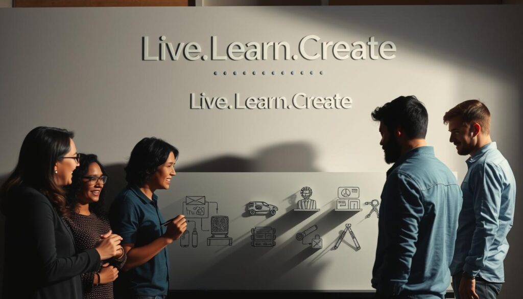 A dynamic, multi-layered visualization of the innovation process. In the foreground, a group of diverse individuals collaborate, their expressions animated as they brainstorm and sketch ideas on a whiteboard. The middle ground depicts a series of iterative prototypes, each more refined than the last, as the team works to transform their concepts into tangible solutions. In the background, a symbolic representation of the "Live.Learn.Create" brand serves as a unifying backdrop, reflecting the iterative, cyclic nature of innovation. Dramatic lighting casts dynamic shadows, conveying a sense of momentum and progress. The overall atmosphere is one of focused creativity, problem-solving, and a shared drive to turn innovative ideas into impactful realities.