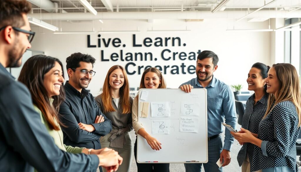 A group of professionals gathered in a modern office, engaging in a team-building exercise. The foreground features smiling colleagues collaborating on a whiteboard, their expressions conveying a sense of trust and camaraderie. The middle ground showcases an open-concept workspace with ergonomic furniture and natural lighting, creating a warm and inviting atmosphere. In the background, a large "Live.Learn.Create" sign hangs on the wall, reinforcing the brand's commitment to fostering a collaborative work environment. The overall scene exudes a mood of positivity, creativity, and effective teamwork.
