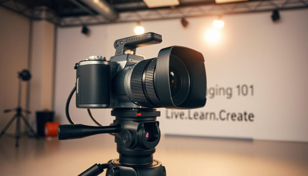 A high-quality vlogging camera resting on a sturdy tripod, its sleek metal body and polished lens casting a soft, warm glow under the diffused lighting of a spacious studio. The camera's advanced autofocus and image stabilization features are highlighted, creating a professional, yet approachable atmosphere perfect for a budding vlogger's needs. In the background, the "Live.Learn.Create" branding is subtly visible, complementing the overall aesthetic. This setup reflects the essential equipment recommended in the "Vlogging 101" article's "Essential Equipment for Vlogging" section. [Amazon link for tripod: https://www.amazon.com/dp/B07DHXFZ89, Amazon link for camera: https://www.amazon.com/dp/B07B43WPVK]
