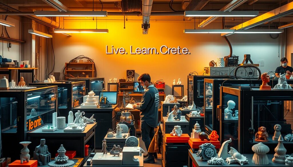 A high-tech 3D printing workshop, with advanced desktop and industrial-grade 3D printers [https://www.amazon.com/ANYCUBIC-Photon-Mono-SE-Printing/dp/B08ZBPDMZP] in the foreground. Engineers in protective gear operating the machines, surrounded by a variety of 3D printed objects like mechanical parts, architectural models, and consumer products. The scene is bathed in a warm, focused lighting, creating a sense of productivity and innovation. In the background, a large Live.Learn.Create. logo projects a sense of creative empowerment and exploration of new technologies.