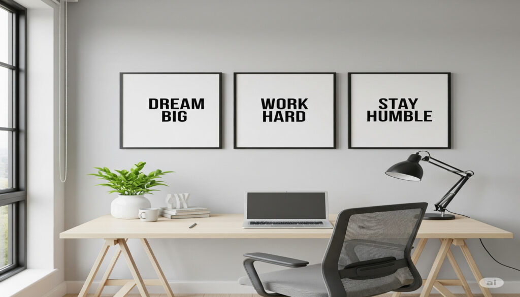A image with Inspirational Wall Art with motivational quotes in a home office setting.