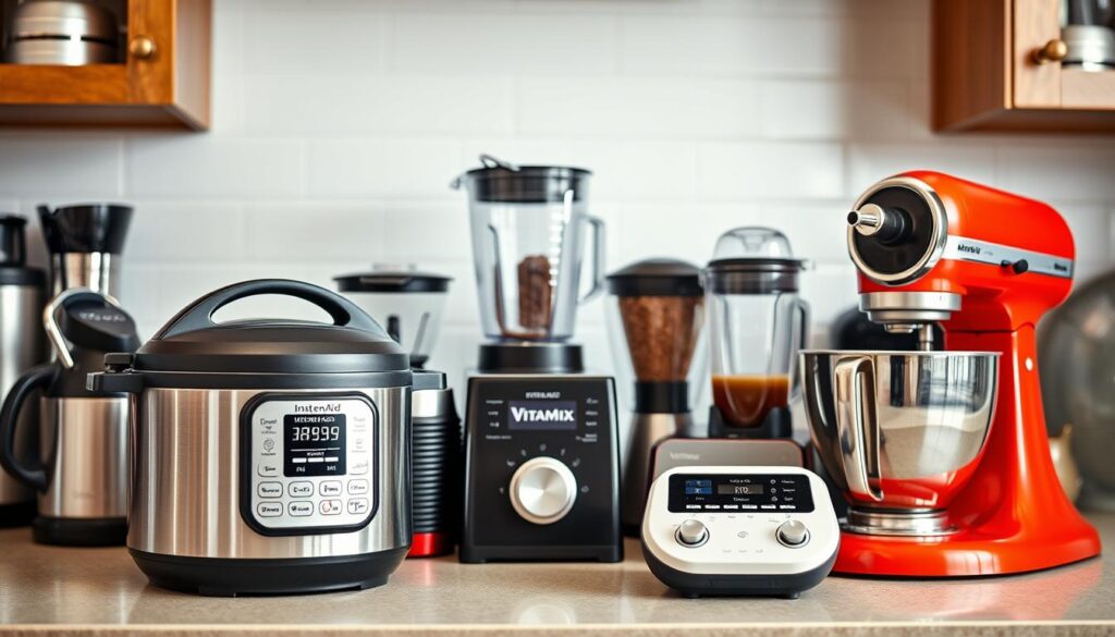 A kitchen counter filled with a variety of essential electronics, meticulously arranged in an eye-catching display. In the foreground, a sleek [Instant Pot 6-Quart Pressure Cooker](https://www.amazon.com/Instant-Pot-Duo-Evo-Plus/dp/B07W55DDFB) and a [KitchenAid Stand Mixer](https://www.amazon.com/KitchenAid-KSM150PSER-Artisan-Tilt-Head-Stand/dp/B00005UP2P) in a vibrant color. In the middle ground, a [Nespresso Vertuo Next Coffee and Espresso Maker](https://www.amazon.com/Nespresso-Vertuo-Next-Coffee-Espresso/dp/B07XQXZXJC) and a [Vitamix Explorian Blender](https://www.amazon.com/Vitamix-Explorian-Blender-Professional-Grade/dp/B07S6P5FJ4). In the background, a [KitchenAid Food Processor](https://www.amazon.com/KitchenAid-KFP0718CU-7-Cup-Food-Processor/dp/B0000DDVVM) and a [Breville Juice Fountain Plus](https://www.amazon.com/Breville-Fountain-700-Watt-Juicer-Brushed/dp/B0009LHPD8). Warm, natural lighting illuminates the sleek, modern appliances, creating a sense of efficiency and sophistication. The "Live