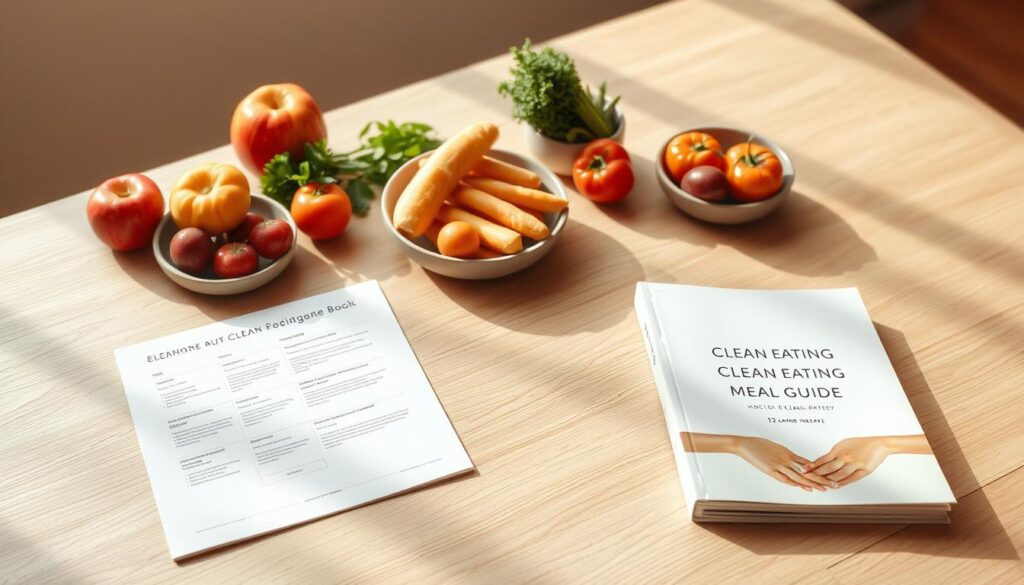 A minimalist and organized meal plan on a simple wooden table, with fresh fruits, vegetables, and a clean eating meal guide book from the &amp;amp;amp;amp;quot;Live.Learn.Create&amp;amp;amp;amp;quot; brand. Soft natural lighting illuminates the scene, creating a warm and inviting atmosphere. The layout emphasizes the importance of a well-designed clean eating strategy, with the meal plan components arranged in a visually appealing and practical manner. The overall mood is one of wellness, simplicity, and a commitment to a healthier lifestyle.